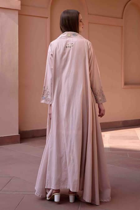 OurDve Pink Cotton Embroidery, Applique V-neck, Betty Asymmetric Jacket With Dress Online at Aza Fashions OurDve_Pink Cotton Embroidery, Applique V-neck, Betty Asymmetric Jacket With Dress _Online_at_Aza_Fashions