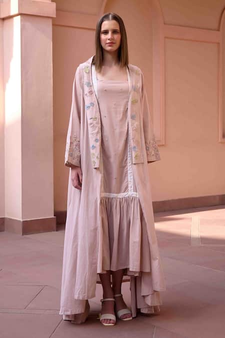Buy OurDve Pink Cotton Embroidery, Applique V-neck, Betty Asymmetric Jacket With Dress Online at Aza Fashions Buy_OurDve_Pink Cotton Embroidery, Applique V-neck, Betty Asymmetric Jacket With Dress _Online_at_Aza_Fashions
