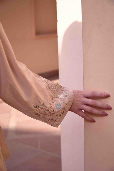 Shop OurDve Pink Cotton Embroidery, Applique V-neck, Betty Asymmetric Jacket With Dress Online at Aza Fashions Shop_OurDve_Pink Cotton Embroidery, Applique V-neck, Betty Asymmetric Jacket With Dress _Online_at_Aza_Fashions