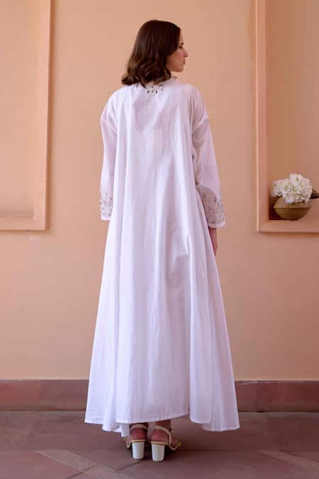 Shop OurDve White Cotton Embroidery, Applique V-neck, Betty Asymmetric Jacket With Dress at Aza Fashions Shop_OurDve_White Cotton Embroidery, Applique V-neck, Betty Asymmetric Jacket With Dress _at_Aza_Fashions