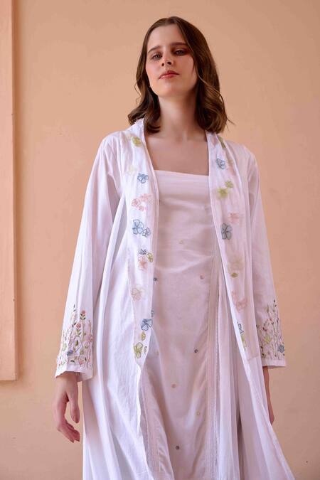 OurDve White Cotton Embroidery, Applique V-neck, Betty Asymmetric Jacket With Dress Online at Aza Fashions OurDve_White Cotton Embroidery, Applique V-neck, Betty Asymmetric Jacket With Dress _Online_at_Aza_Fashions