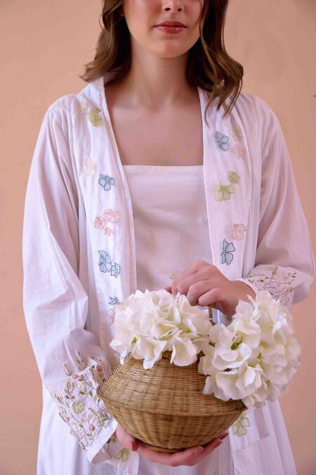 Shop OurDve White Cotton Embroidery, Applique V-neck, Betty Asymmetric Jacket With Dress Online at Aza Fashions Shop_OurDve_White Cotton Embroidery, Applique V-neck, Betty Asymmetric Jacket With Dress _Online_at_Aza_Fashions