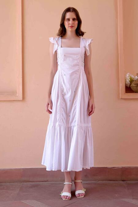 OurDve White Cotton Embroidery, Applique V-neck, Betty Asymmetric Jacket With Dress at Aza Fashions OurDve_White Cotton Embroidery, Applique V-neck, Betty Asymmetric Jacket With Dress _at_Aza_Fashions