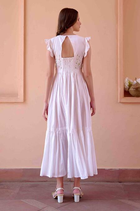 Buy OurDve White Cotton Embroidery, Applique V-neck, Betty Asymmetric Jacket With Dress Buy_OurDve_White Cotton Embroidery, Applique V-neck, Betty Asymmetric Jacket With Dress