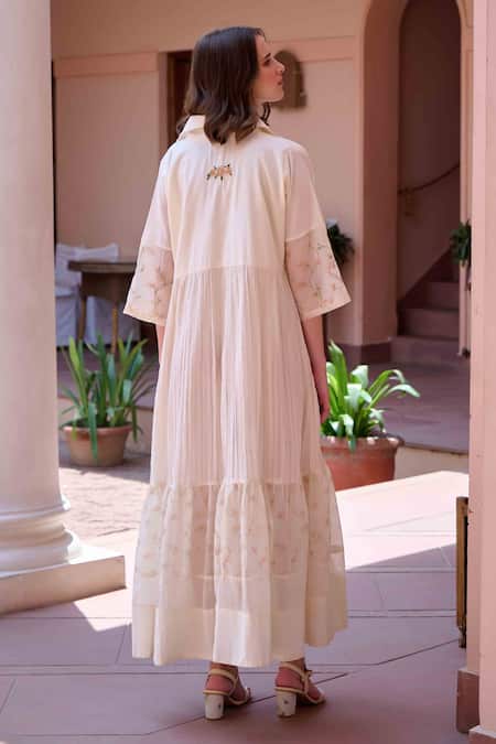 Shop OurDve Beige Cotton Embroidery, Applique Collared Charlotte Tiered Panel Dress at Aza Fashions Shop_OurDve_Beige Cotton Embroidery, Applique Collared Charlotte Tiered Panel Dress _at_Aza_Fashions