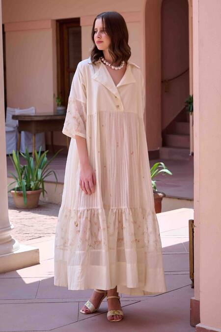 OurDve Beige Cotton Embroidery, Applique Collared Charlotte Tiered Panel Dress Online at Aza Fashions OurDve_Beige Cotton Embroidery, Applique Collared Charlotte Tiered Panel Dress _Online_at_Aza_Fashions