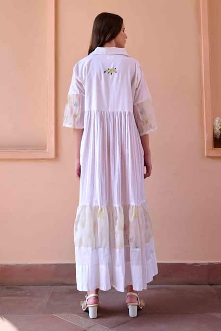 Shop OurDve White Cotton Embroidery Collared Charlotte Panel Tiered Dress at Aza Fashions Shop_OurDve_White Cotton Embroidery Collared Charlotte Panel Tiered Dress _at_Aza_Fashions