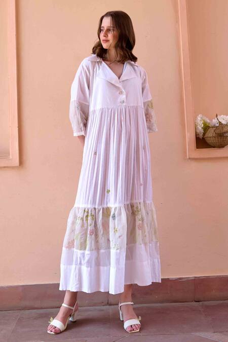 Buy OurDve White Cotton Embroidery Collared Charlotte Panel Tiered Dress Online at Aza Fashions Buy_OurDve_White Cotton Embroidery Collared Charlotte Panel Tiered Dress _Online_at_Aza_Fashions