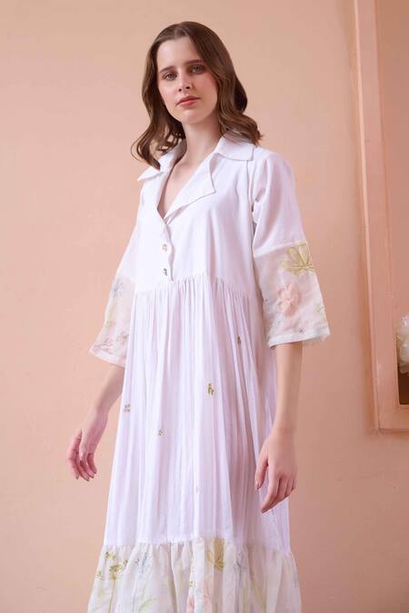 Shop OurDve White Cotton Embroidery Collared Charlotte Panel Tiered Dress Online at Aza Fashions Shop_OurDve_White Cotton Embroidery Collared Charlotte Panel Tiered Dress _Online_at_Aza_Fashions