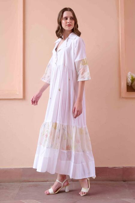 OurDve White Cotton Embroidery Collared Charlotte Panel Tiered Dress at Aza Fashions OurDve_White Cotton Embroidery Collared Charlotte Panel Tiered Dress _at_Aza_Fashions