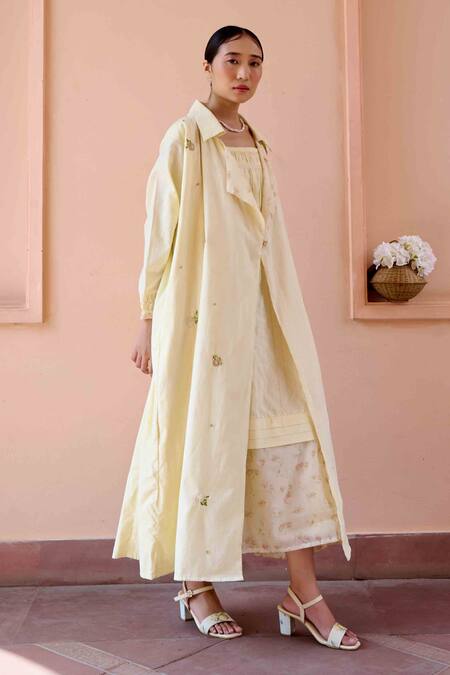 OurDve Yellow Cotton, Chanderi Embroidery, Applique Clara Jacket With Strappy Dress Online at Aza Fashions OurDve_Yellow Cotton, Chanderi Embroidery, Applique Clara Jacket With Strappy Dress _Online_at_Aza_Fashions