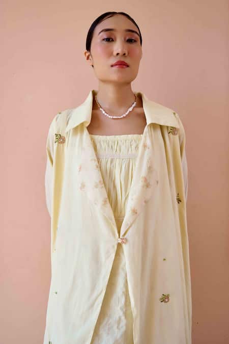 Buy OurDve Yellow Cotton, Chanderi Embroidery, Applique Clara Jacket With Strappy Dress Online at Aza Fashions Buy_OurDve_Yellow Cotton, Chanderi Embroidery, Applique Clara Jacket With Strappy Dress _Online_at_Aza_Fashions