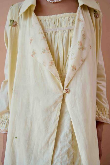 Shop OurDve Yellow Cotton, Chanderi Embroidery, Applique Clara Jacket With Strappy Dress Online at Aza Fashions Shop_OurDve_Yellow Cotton, Chanderi Embroidery, Applique Clara Jacket With Strappy Dress _Online_at_Aza_Fashions