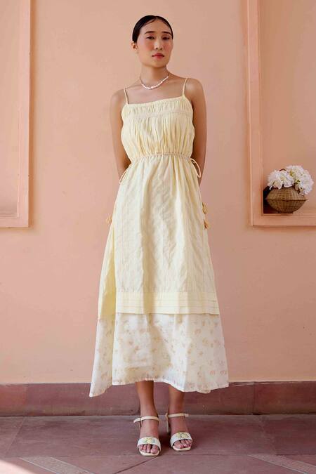 OurDve Yellow Cotton, Chanderi Embroidery, Applique Clara Jacket With Strappy Dress at Aza Fashions OurDve_Yellow Cotton, Chanderi Embroidery, Applique Clara Jacket With Strappy Dress _at_Aza_Fashions