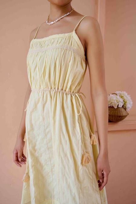 Buy OurDve Yellow Cotton, Chanderi Embroidery, Applique Clara Jacket With Strappy Dress Buy_OurDve_Yellow Cotton, Chanderi Embroidery, Applique Clara Jacket With Strappy Dress