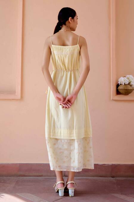 Shop OurDve Yellow Cotton, Chanderi Embroidery, Applique Clara Jacket With Strappy Dress Shop_OurDve_Yellow Cotton, Chanderi Embroidery, Applique Clara Jacket With Strappy Dress