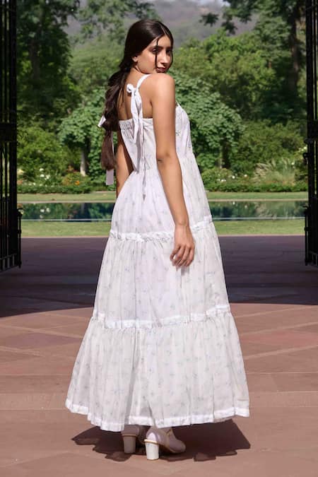 Shop OurDve White Chanderi Embroidery Square Neck Donna Tiered Printed Dress at Aza Fashions Shop_OurDve_White Chanderi Embroidery Square Neck Donna Tiered Printed Dress _at_Aza_Fashions
