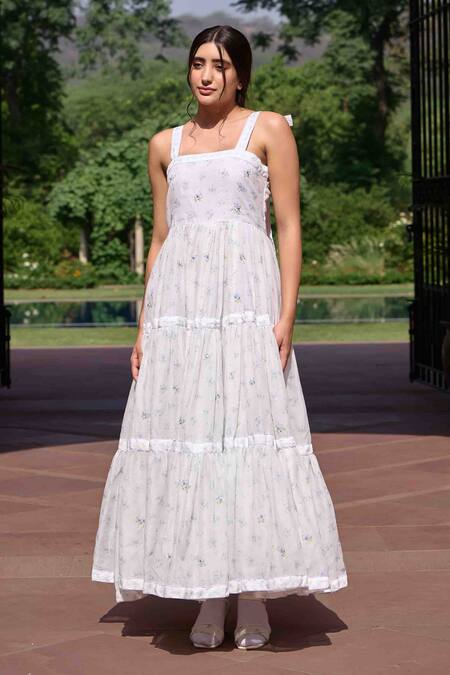 OurDve White Chanderi Embroidery Square Neck Donna Tiered Printed Dress Online at Aza Fashions OurDve_White Chanderi Embroidery Square Neck Donna Tiered Printed Dress _Online_at_Aza_Fashions