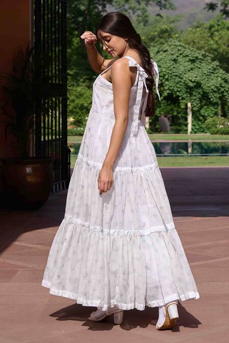 Buy OurDve White Chanderi Embroidery Square Neck Donna Tiered Printed Dress Online at Aza Fashions Buy_OurDve_White Chanderi Embroidery Square Neck Donna Tiered Printed Dress _Online_at_Aza_Fashions