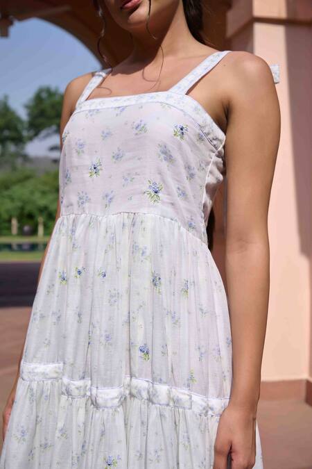 Shop OurDve White Chanderi Embroidery Square Neck Donna Tiered Printed Dress Online at Aza Fashions Shop_OurDve_White Chanderi Embroidery Square Neck Donna Tiered Printed Dress _Online_at_Aza_Fashions