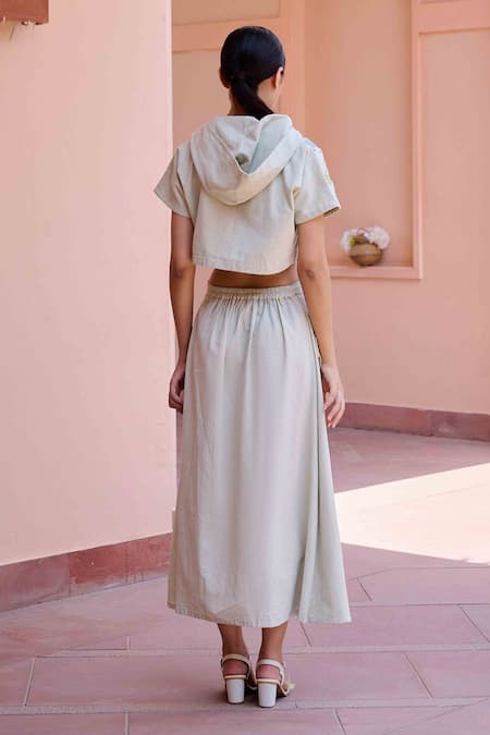 Shop OurDve Grey Cotton Applique Round Neck Edwin Hoodie Crop Top With Skirt at Aza Fashions Shop_OurDve_Grey Cotton Applique Round Neck Edwin Hoodie Crop Top With Skirt _at_Aza_Fashions