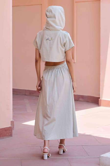 Buy OurDve Grey Cotton Applique Round Neck Edwin Hoodie Crop Top With Skirt Online at Aza Fashions Buy_OurDve_Grey Cotton Applique Round Neck Edwin Hoodie Crop Top With Skirt _Online_at_Aza_Fashions