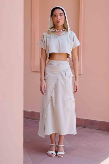 Buy OurDve Grey Cotton Applique Round Neck Edwin Hoodie Crop Top With Skirt Buy_OurDve_Grey Cotton Applique Round Neck Edwin Hoodie Crop Top With Skirt