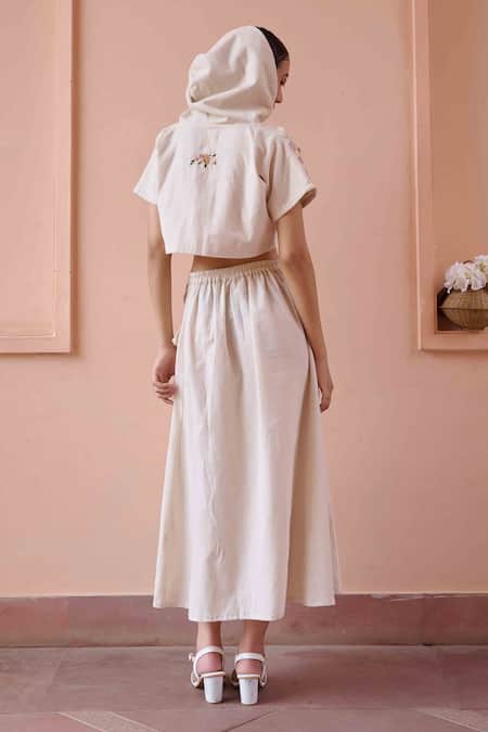 Shop Ourdve Beige Cotton Applique Round Neck Edwin Flower Hoodie Crop Top With Skirt at Aza Fashions Shop_Ourdve_Beige Cotton Applique Round Neck Edwin Flower Hoodie Crop Top With Skirt _at_Aza_Fashions