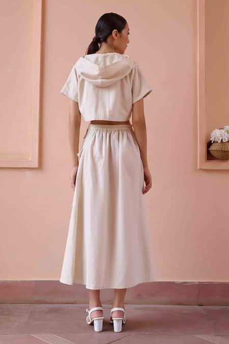 Ourdve Beige Cotton Applique Round Neck Edwin Flower Hoodie Crop Top With Skirt Online at Aza Fashions Ourdve_Beige Cotton Applique Round Neck Edwin Flower Hoodie Crop Top With Skirt _Online_at_Aza_Fashions