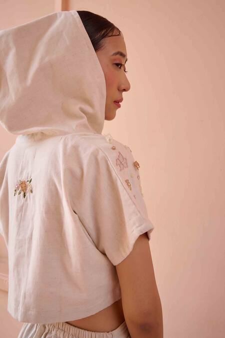 Buy Ourdve Beige Cotton Applique Round Neck Edwin Flower Hoodie Crop Top With Skirt Online at Aza Fashions Buy_Ourdve_Beige Cotton Applique Round Neck Edwin Flower Hoodie Crop Top With Skirt _Online_at_Aza_Fashions
