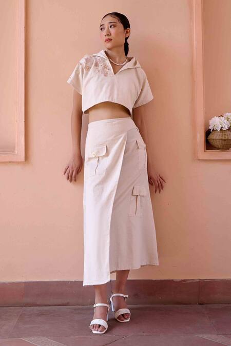 Shop Ourdve Beige Cotton Applique Round Neck Edwin Flower Hoodie Crop Top With Skirt Online at Aza Fashions Shop_Ourdve_Beige Cotton Applique Round Neck Edwin Flower Hoodie Crop Top With Skirt _Online_at_Aza_Fashions