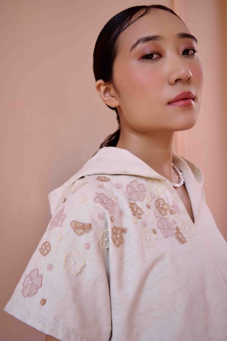 Ourdve Beige Cotton Applique Round Neck Edwin Flower Hoodie Crop Top With Skirt at Aza Fashions Ourdve_Beige Cotton Applique Round Neck Edwin Flower Hoodie Crop Top With Skirt _at_Aza_Fashions