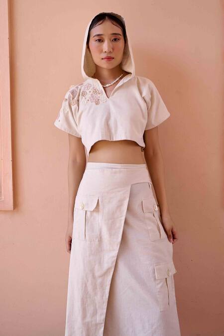 Buy Ourdve Beige Cotton Applique Round Neck Edwin Flower Hoodie Crop Top With Skirt Buy_Ourdve_Beige Cotton Applique Round Neck Edwin Flower Hoodie Crop Top With Skirt