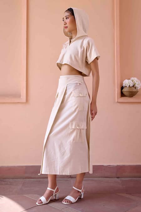 Shop Ourdve Beige Cotton Applique Round Neck Edwin Flower Hoodie Crop Top With Skirt Shop_Ourdve_Beige Cotton Applique Round Neck Edwin Flower Hoodie Crop Top With Skirt
