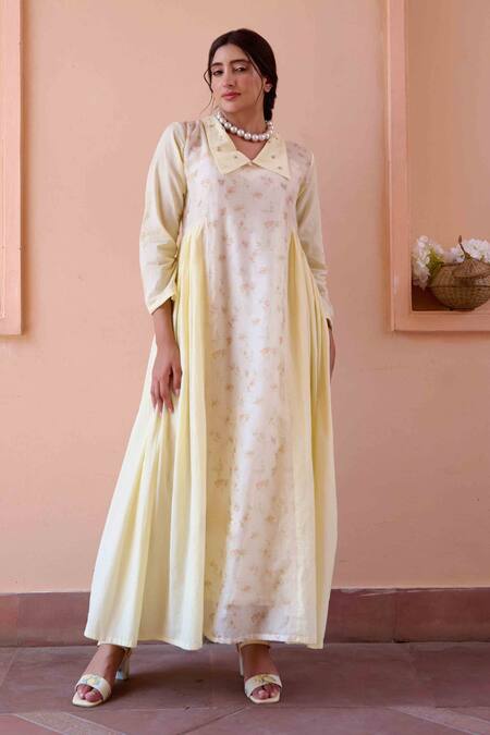OurDve_Yellow Cotton, Chanderi Embroidery Collared Esme Printed Gathered Dress _Online_at_Aza_Fashions