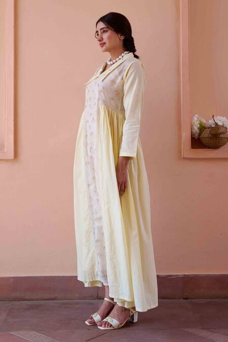Shop_OurDve_Yellow Cotton, Chanderi Embroidery Collared Esme Printed Gathered Dress _Online_at_Aza_Fashions