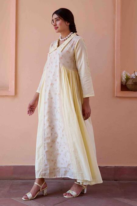 OurDve_Yellow Cotton, Chanderi Embroidery Collared Esme Printed Gathered Dress _at_Aza_Fashions
