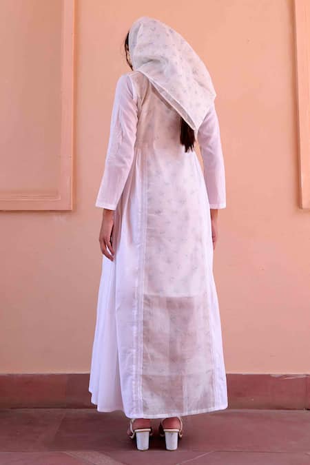 Shop OurDve White Cotton, Chanderi Embroidery Collared Esme Floral Print Dress at Aza Fashions Shop_OurDve_White Cotton, Chanderi Embroidery Collared Esme Floral Print Dress _at_Aza_Fashions