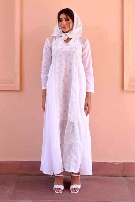 OurDve White Cotton, Chanderi Embroidery Collared Esme Floral Print Dress Online at Aza Fashions OurDve_White Cotton, Chanderi Embroidery Collared Esme Floral Print Dress _Online_at_Aza_Fashions