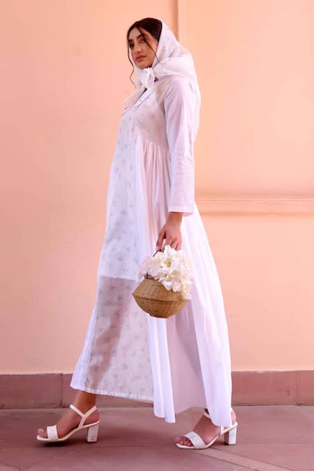 Shop OurDve White Cotton, Chanderi Embroidery Collared Esme Floral Print Dress Online at Aza Fashions Shop_OurDve_White Cotton, Chanderi Embroidery Collared Esme Floral Print Dress _Online_at_Aza_Fashions