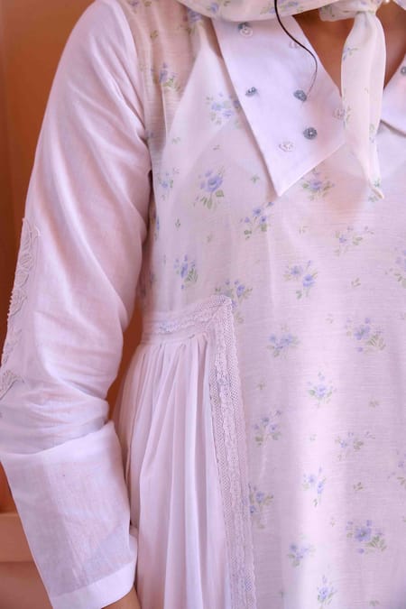 OurDve White Cotton, Chanderi Embroidery Collared Esme Floral Print Dress at Aza Fashions OurDve_White Cotton, Chanderi Embroidery Collared Esme Floral Print Dress _at_Aza_Fashions