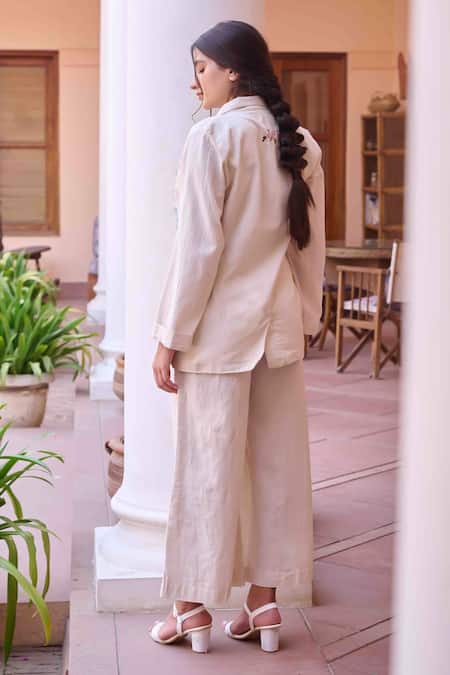 OurDve Pink Cotton Patchwork, Embroidery Collared Fred Jacket With Pant Online at Aza Fashions OurDve_Pink Cotton Patchwork, Embroidery Collared Fred Jacket With Pant _Online_at_Aza_Fashions