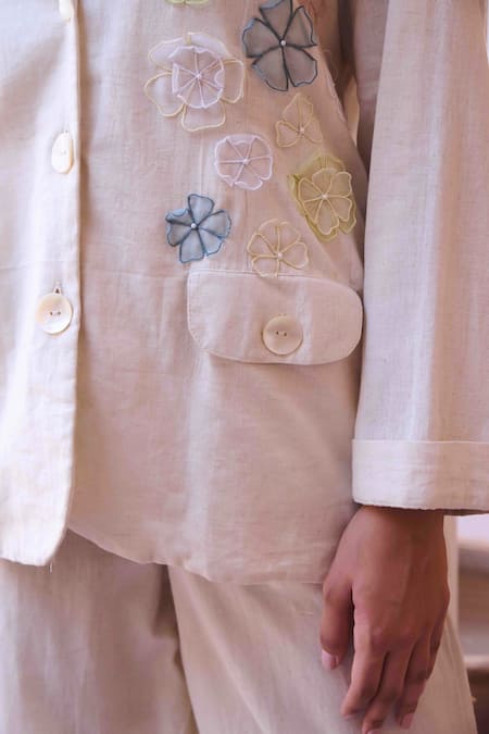 Buy OurDve Pink Cotton Patchwork, Embroidery Collared Fred Jacket With Pant Online at Aza Fashions Buy_OurDve_Pink Cotton Patchwork, Embroidery Collared Fred Jacket With Pant _Online_at_Aza_Fashions