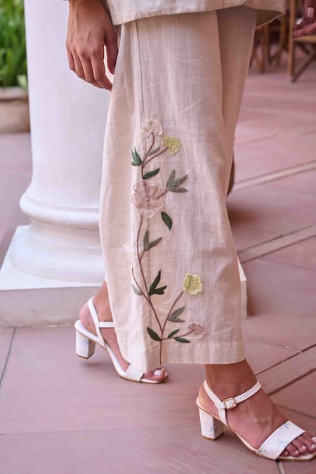 Shop OurDve Pink Cotton Patchwork, Embroidery Collared Fred Jacket With Pant Online at Aza Fashions Shop_OurDve_Pink Cotton Patchwork, Embroidery Collared Fred Jacket With Pant _Online_at_Aza_Fashions