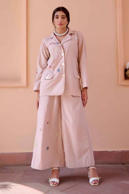OurDve Pink Cotton Patchwork, Embroidery Collared Fred Jacket With Pant at Aza Fashions OurDve_Pink Cotton Patchwork, Embroidery Collared Fred Jacket With Pant _at_Aza_Fashions