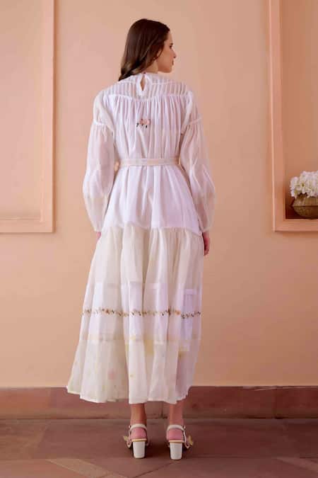 Shop_Ourdve_White Cotton Embroidered Floral Flat Collar Irene Printed Panel Dress _at_Aza_Fashions