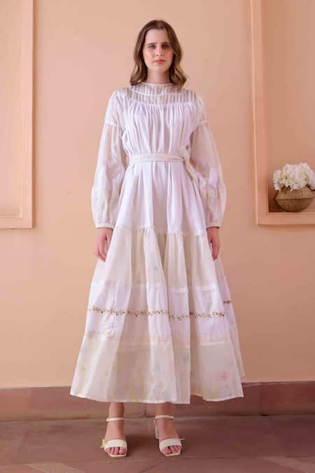 Ourdve_White Cotton Embroidered Floral Flat Collar Irene Printed Panel Dress _Online_at_Aza_Fashions