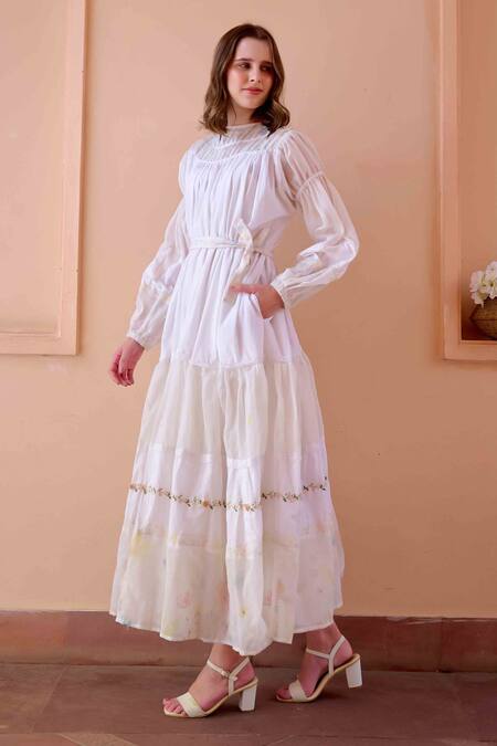 Buy_Ourdve_White Cotton Embroidered Floral Flat Collar Irene Printed Panel Dress _Online_at_Aza_Fashions