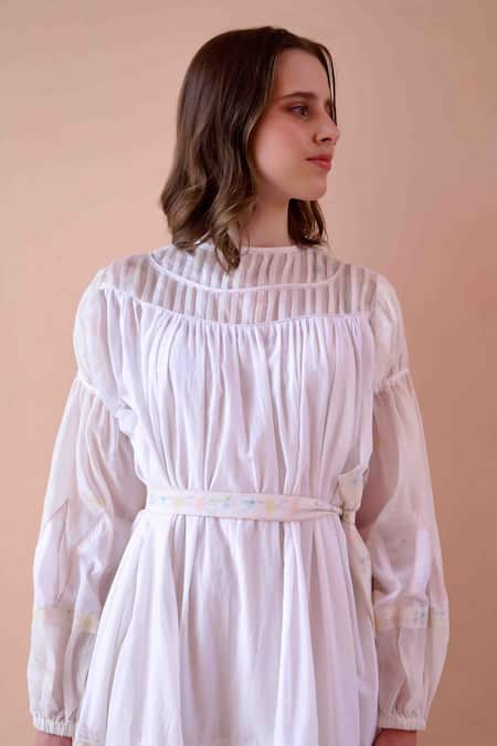 Ourdve_White Cotton Embroidered Floral Flat Collar Irene Printed Panel Dress _at_Aza_Fashions