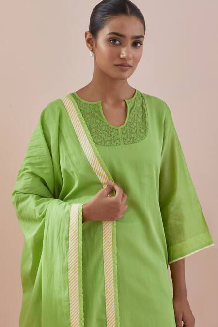 Shop_Vinusto_Green , Satin Embroidery, Lace Split V-neck Kurta Pant Set 